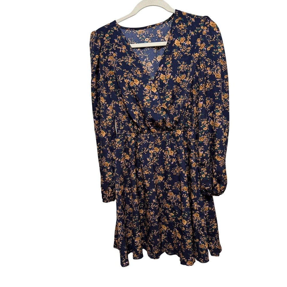 NWT Cupshe Navy Blue Floral V-Neck Long Sleeve Mini‎ Dress Womens S Resort wear